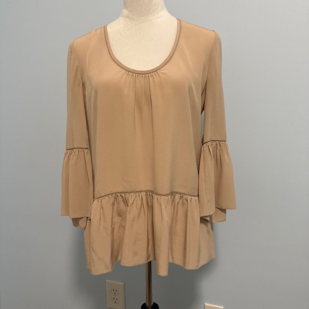 Trina Turk Lilias Silk Bell Sleeve Peplum Beige Top Size S